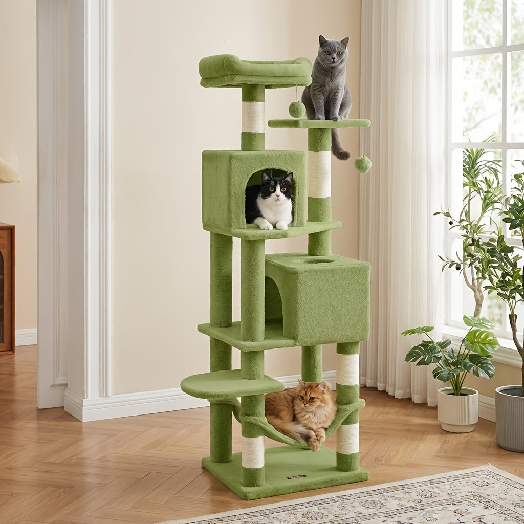 61-Inch Multi-Level Cat Tree Tower – Plush Cat Condo with 5 Scratching Posts 2 Perches 2 Caves Hammock & Pompoms for Indoor Cats in 7 Colors