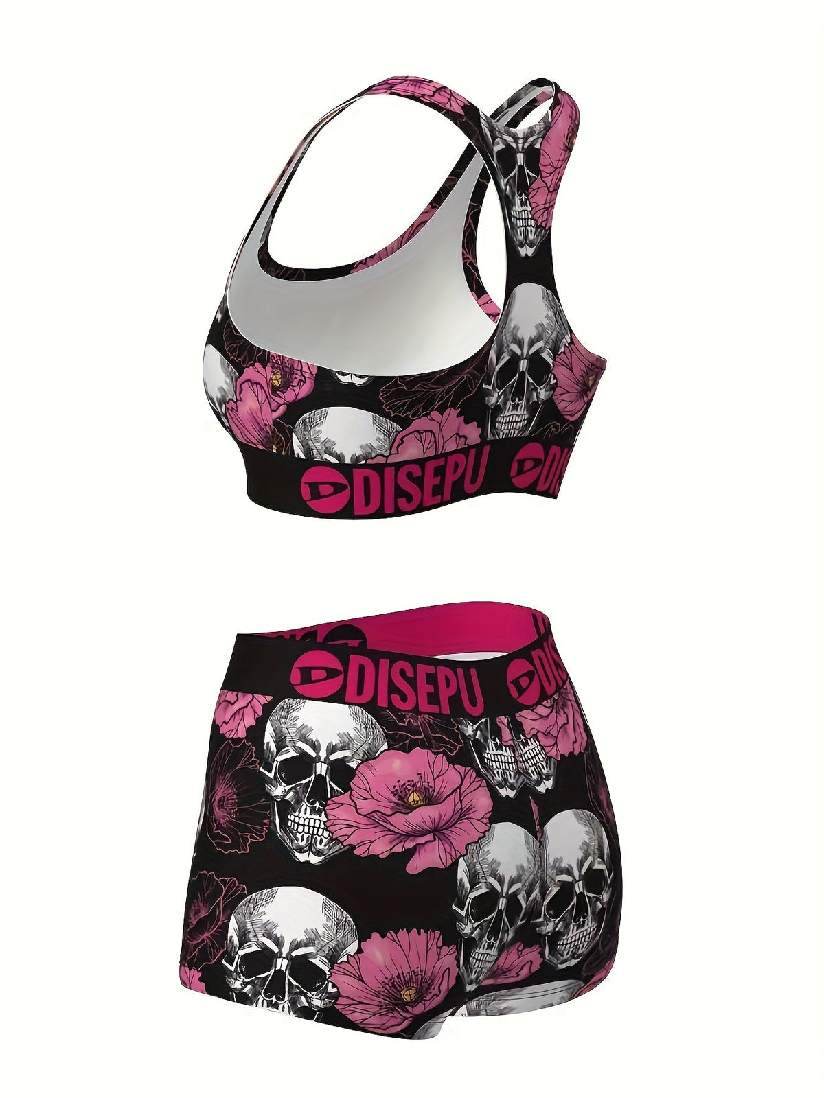 Women's Skull and Pink Flower Print Sports Bra and Shorts Set - 2-Piece Gothic Floral High-Stretch Activewear for Gym, Yoga, Running, Halloween Workouts, Breathable Athletic Outfit, Sizes S-XXL