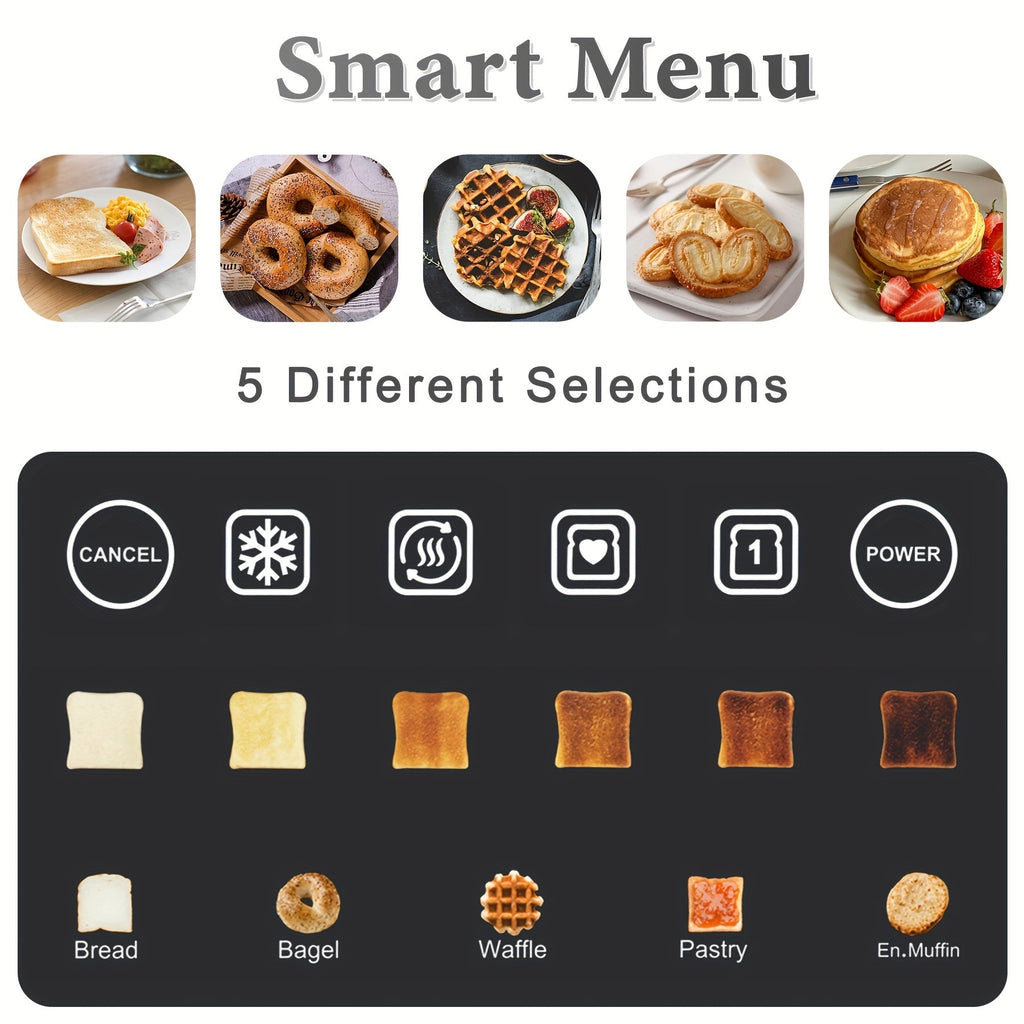 4-Slice Long Slot Toaster – Touchscreen LED Display 1.5" Extra Wide Slots for Thick Bread & Bagels Countdown Timer Memory Function Dual Control 6 Shade Settings Stainless Steel