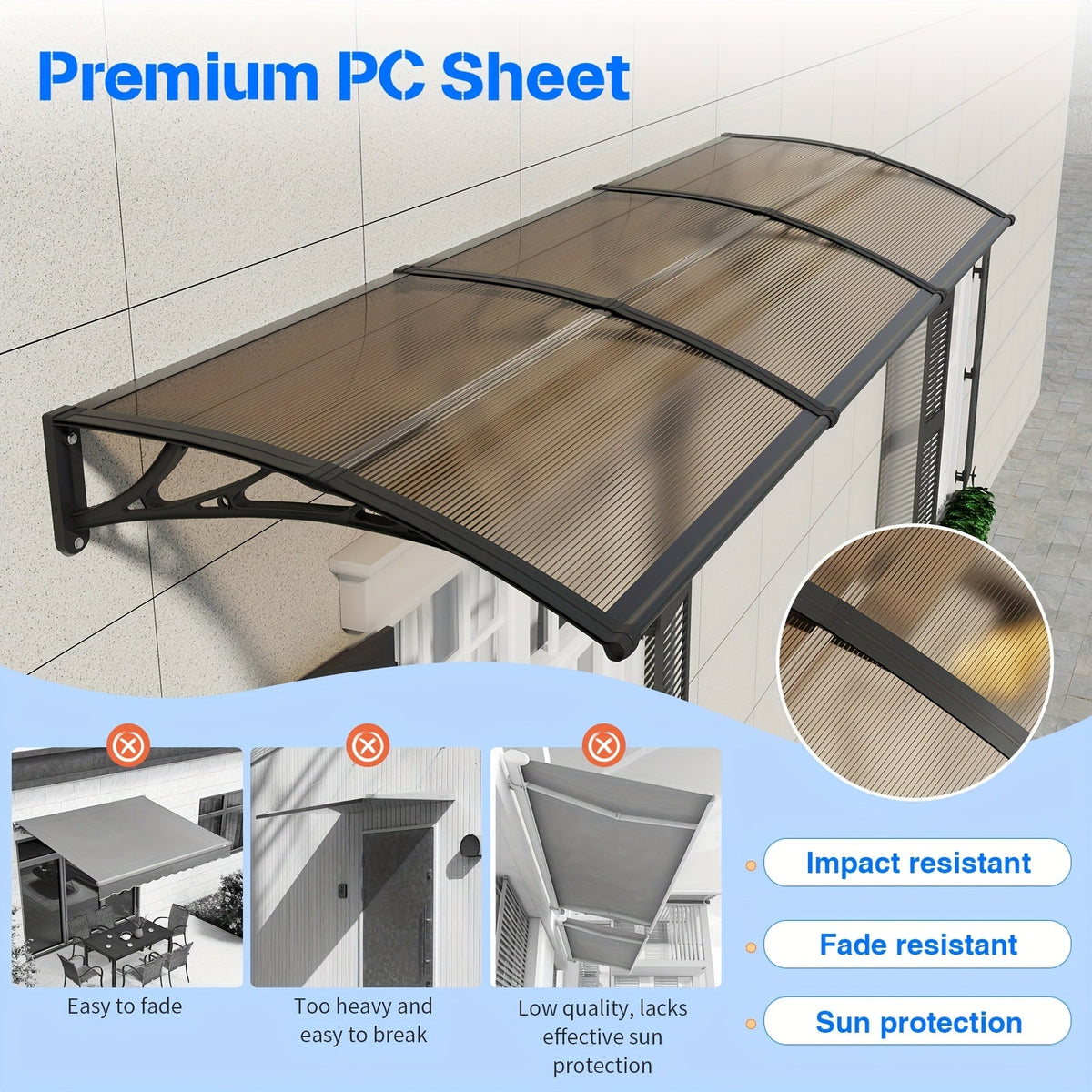 Polycarbonate Window Door Awning Canopy – UPF 50+ UV Rain Snow Sun Shade Cover for Patio Balcony Doorway in 21 Sizes & 4 Panel Colors