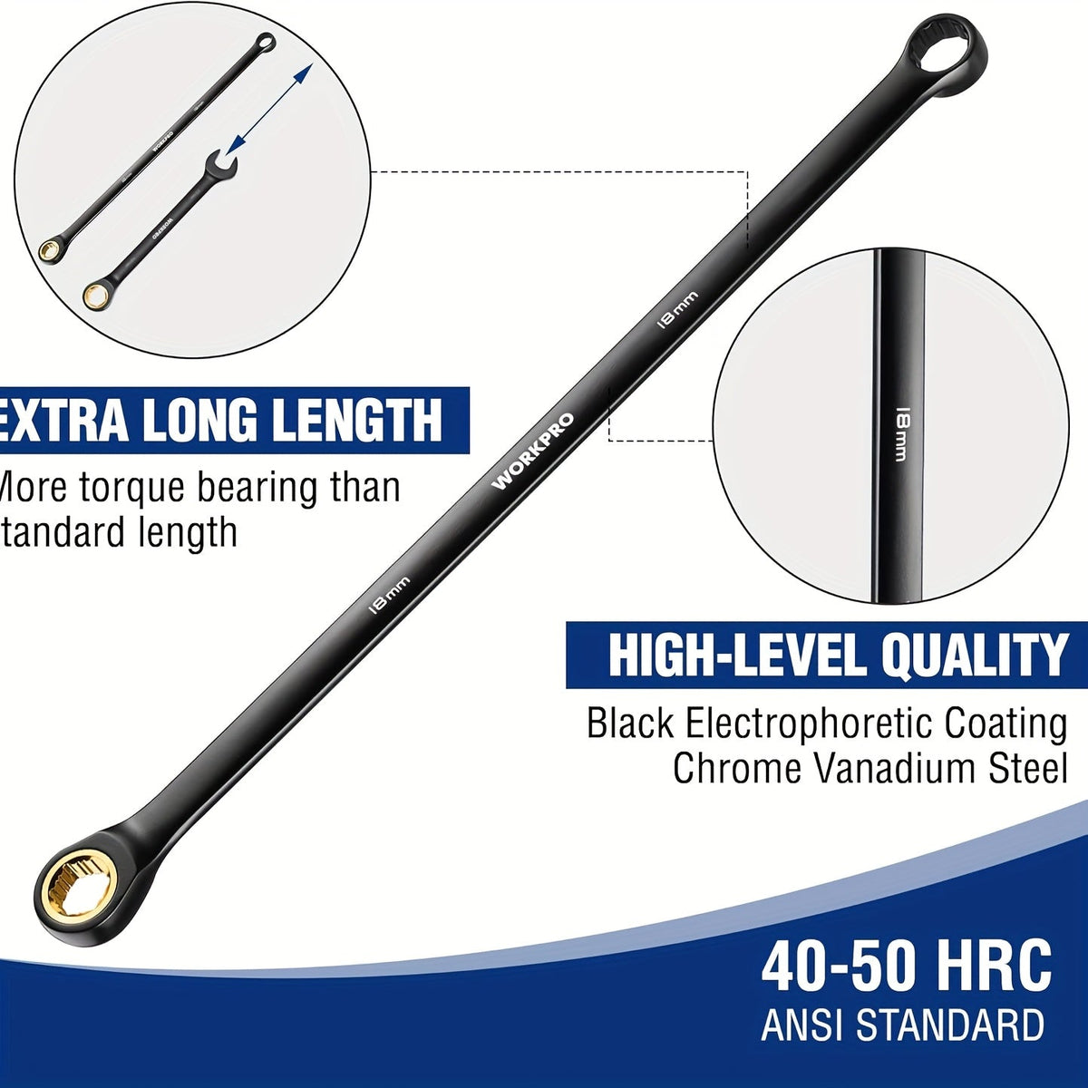 WORKPRO 10pc Extra Long Ratcheting Wrench Set – Anti-Slip Double Box Wrenches Metric 8-19mm, 72-Tooth Cr-V Steel, Black Electrophoretic Coating, Rolling Pouch Included, Professional Hand Tool Kit