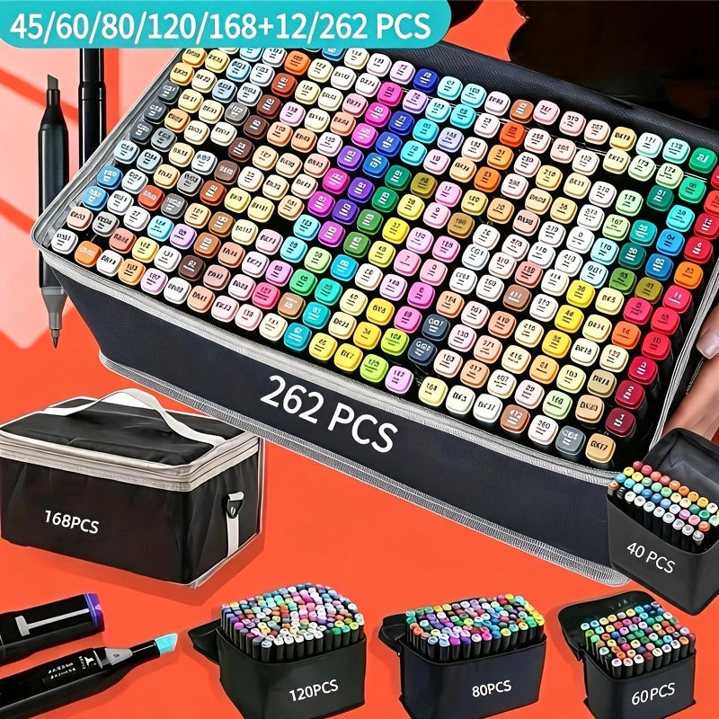 Dual Tip Art Markers Set (45 to 262 Colors) with Stand Option – Artist Alcohol Markers for Adult Coloring, Drawing, Sketching, Illustration, Manga, and Painting Supplies