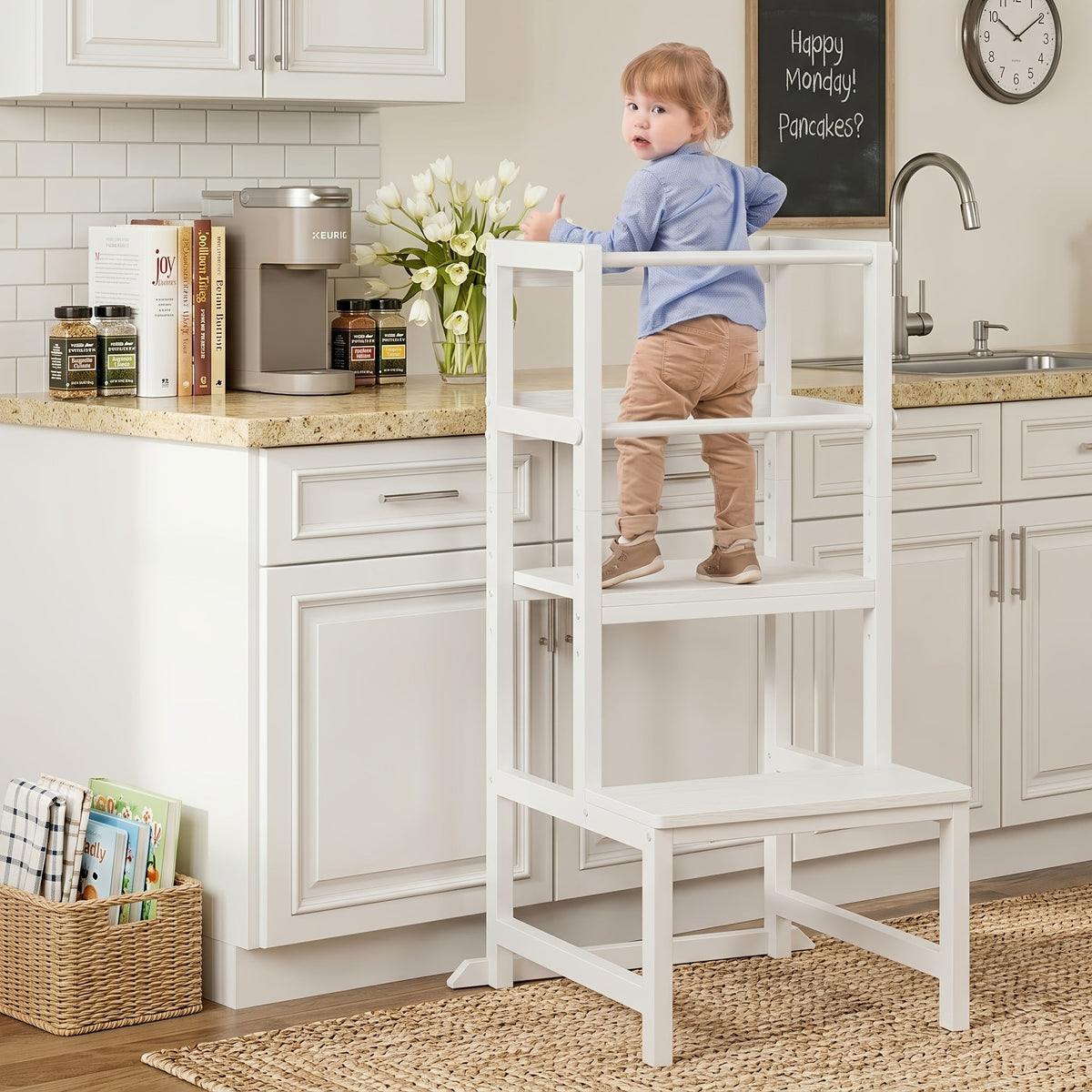 Adjustable Toddler Learning Tower Step Stool with Safety Rail Wooden & Steel Height Adjustable Kitchen Helper for Kids – Brown Black Wood & White
