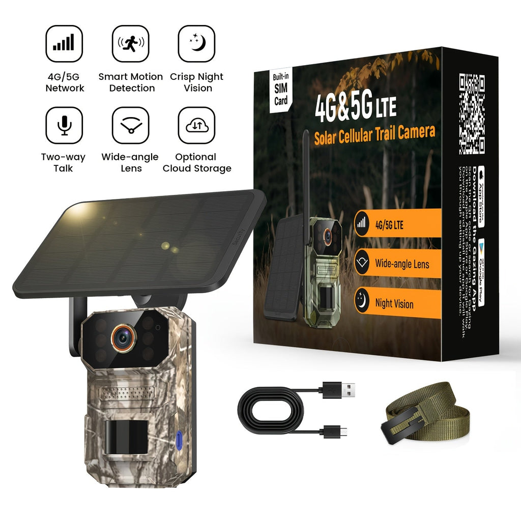 4G LTE Solar Trail Camera 1920P HD – Cellular Wildlife Camera with PIR Motion Sensor, Infrared Night Vision, Two-Way Audio, Remote Access, No WiFi Required, IP65 Waterproof, Solar Powered