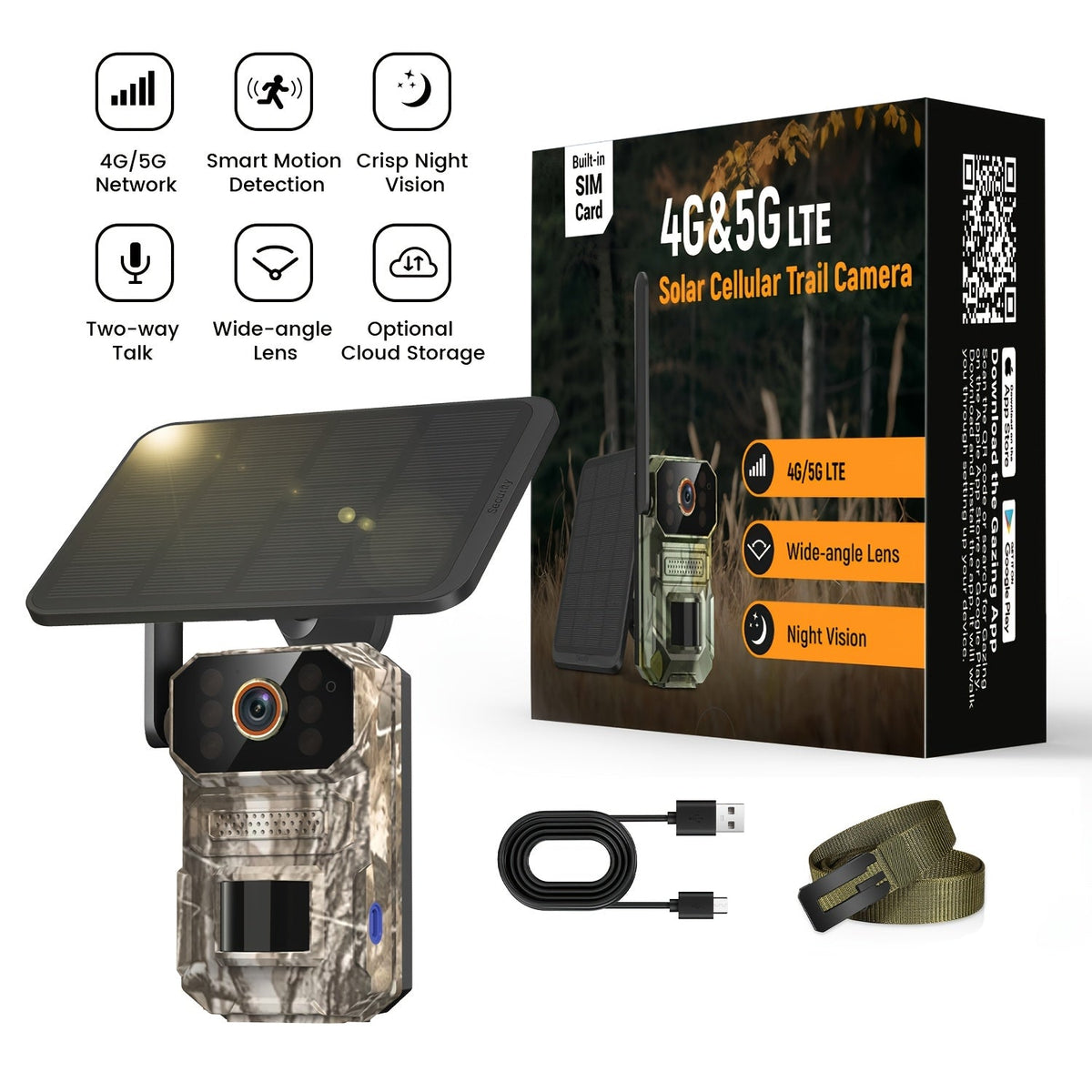 4G LTE Solar Trail Camera 1920P HD – Cellular Wildlife Camera with PIR Motion Sensor, Infrared Night Vision, Two-Way Audio, Remote Access, No WiFi Required, IP65 Waterproof, Solar Powered