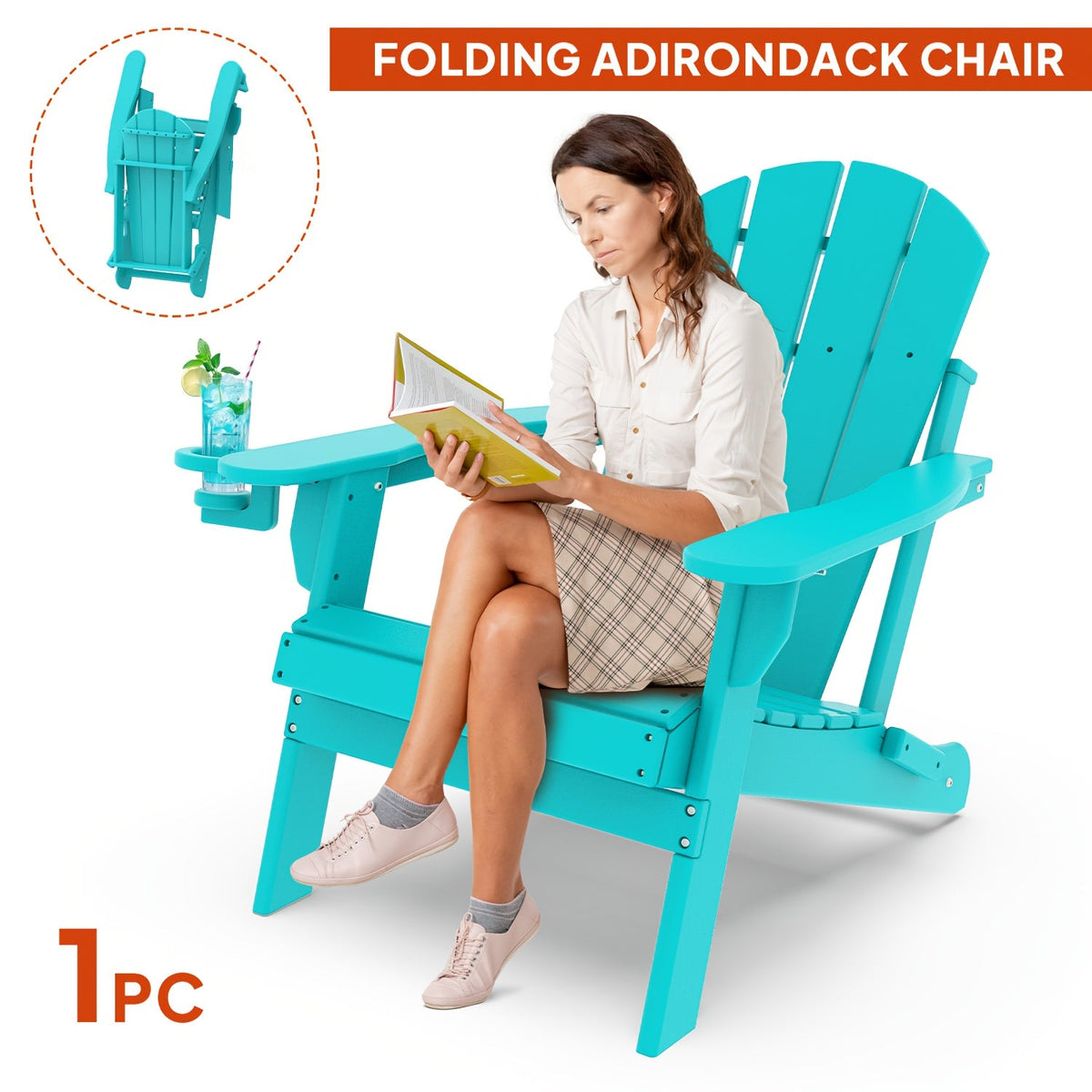 Folding Adirondack Chair with Cup Holder Portable Recliner Stainless Steel Frame Durable Plastic Easy Clean for Patio Poolside Garden Camping Set of 1 2 4 6