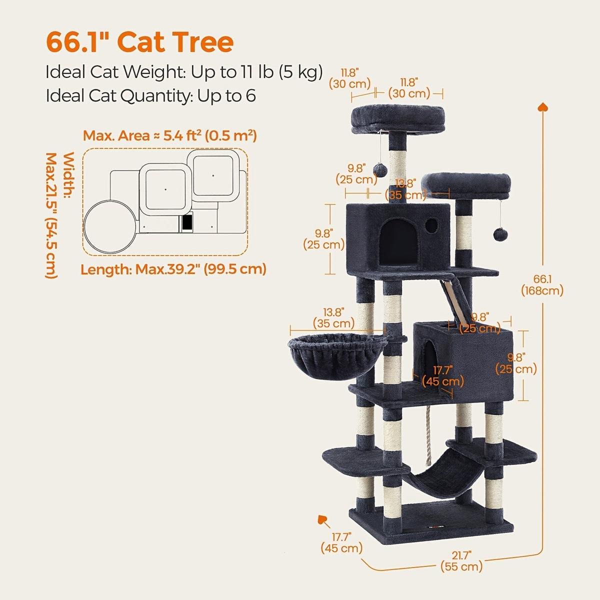 Multi-Level Cat Tree Tower 44-66 Inch with Hammock, Sisal Scratching Posts, Cozy Cave, Perches, and Anti-Tilt Stable Base for Multi-Cat Families, Kittens, and Cats