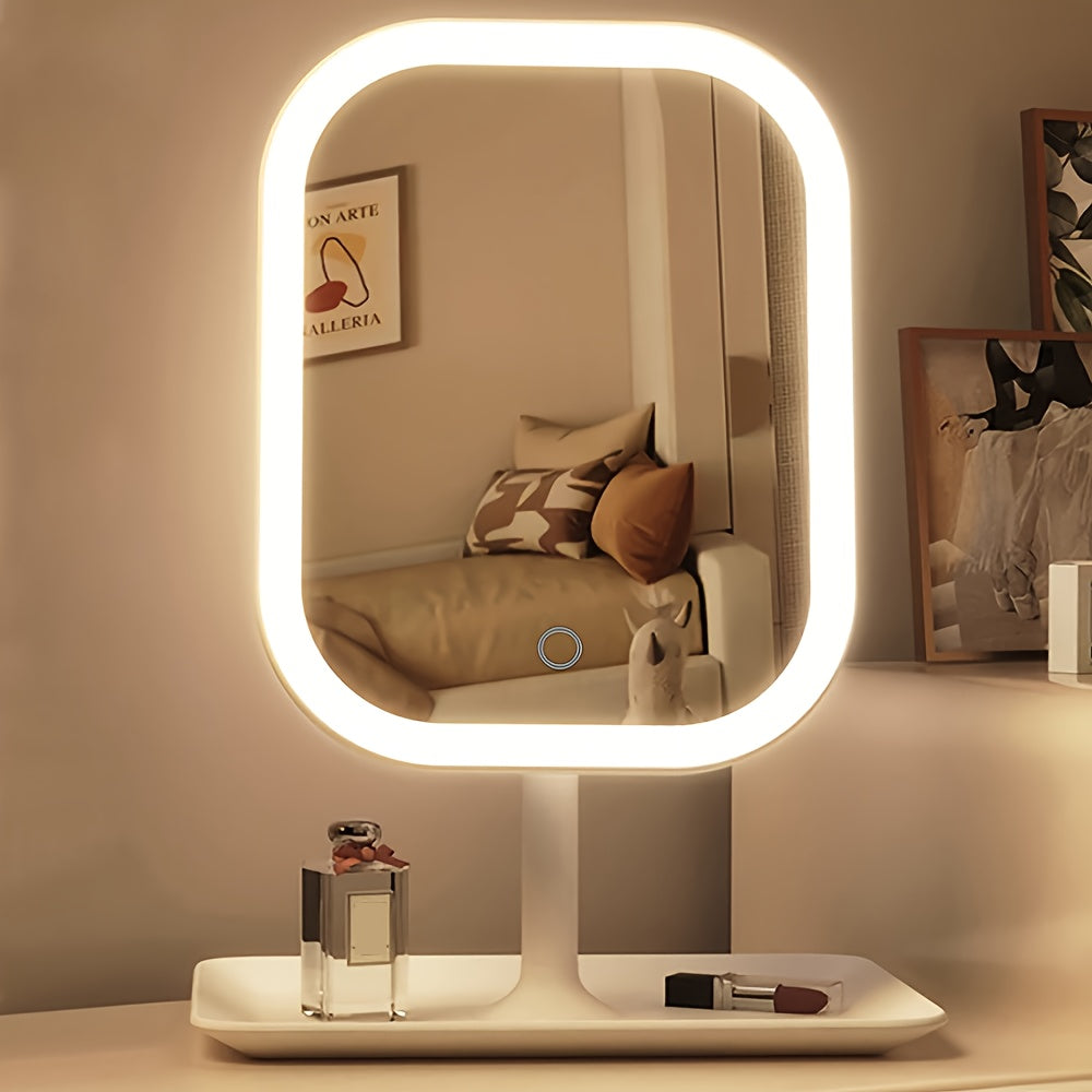 LED Makeup Mirror - Rechargeable Desktop Vanity Mirror with Lights - 3 Light Modes, Touch Control & Adjustable Brightness - Portable Travel Beauty Mirror - White & Pink