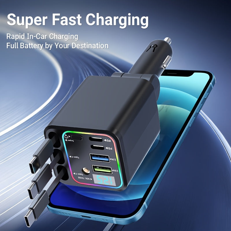 7-in-1 Car Charger with LED Ambient Light & 3 Retractable Cables – Fast Charging USB Hub, 180° Adjustable, Digital Display, Universal Fit for iPhone & Android