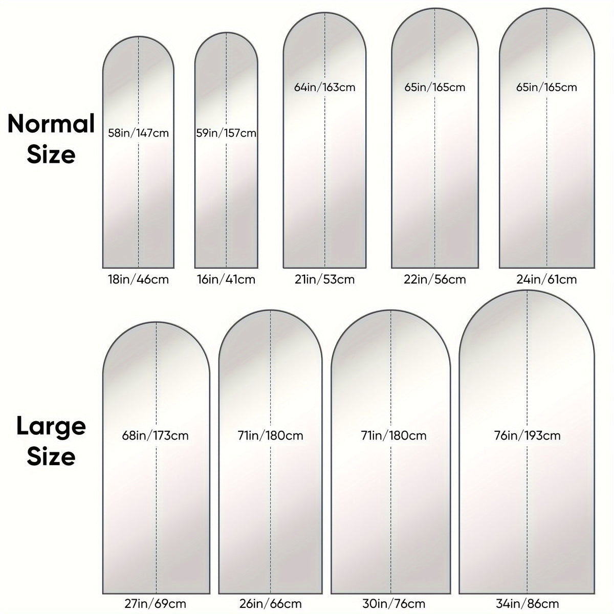 Arched Full-Length Floor Mirror – Freestanding Full-Body Mirror with Stand for Bedroom, Living Room, and Cloakroom, Wall-Mountable, Available in 3 Sizes & 2 Colors (Black & Gold)