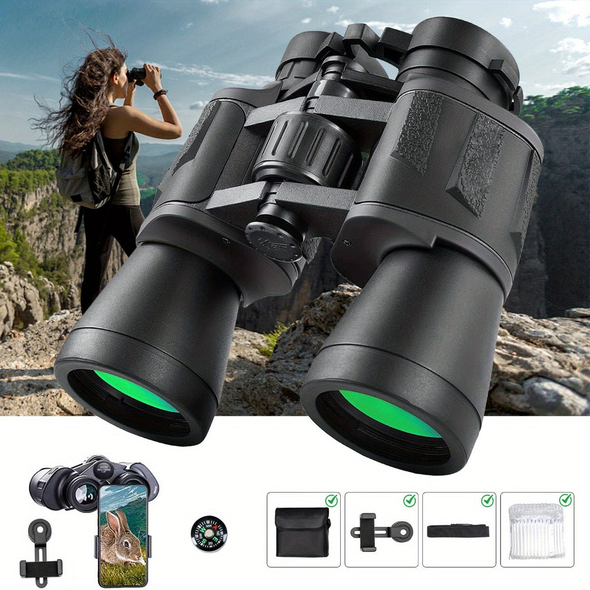 12x42 HD High-Powered Binoculars for Adults with Phone Adapter for Bird Watching, Hunting, Travel, and Concerts, Includes Carry Case, Neck Strap - Mud Black Green