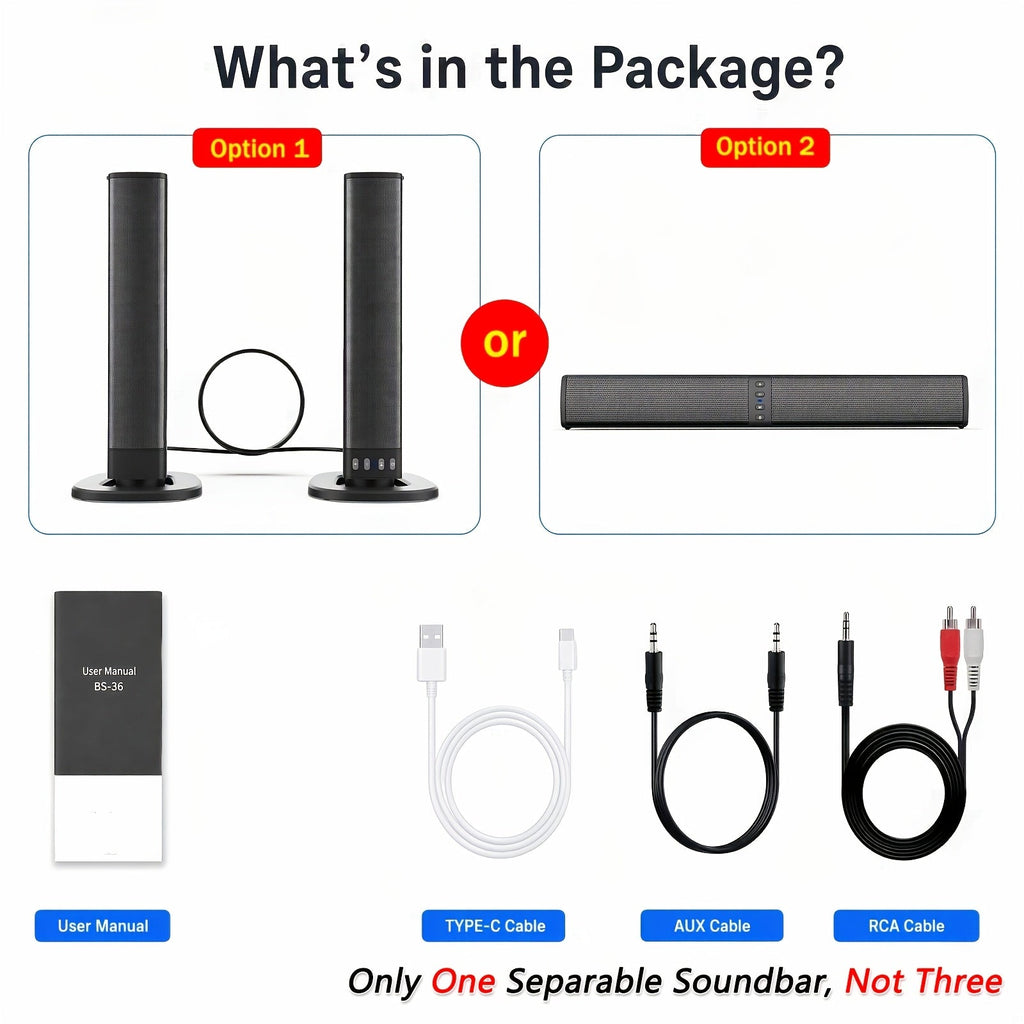 2-in-1 Detachable Soundbar - 20W, Bluetooth/TF/AUX/FM/RCA/TWS, Wireless Flat & Wired Tower Modes, Volume Control - TV, PC, Gaming & Projectors - Black