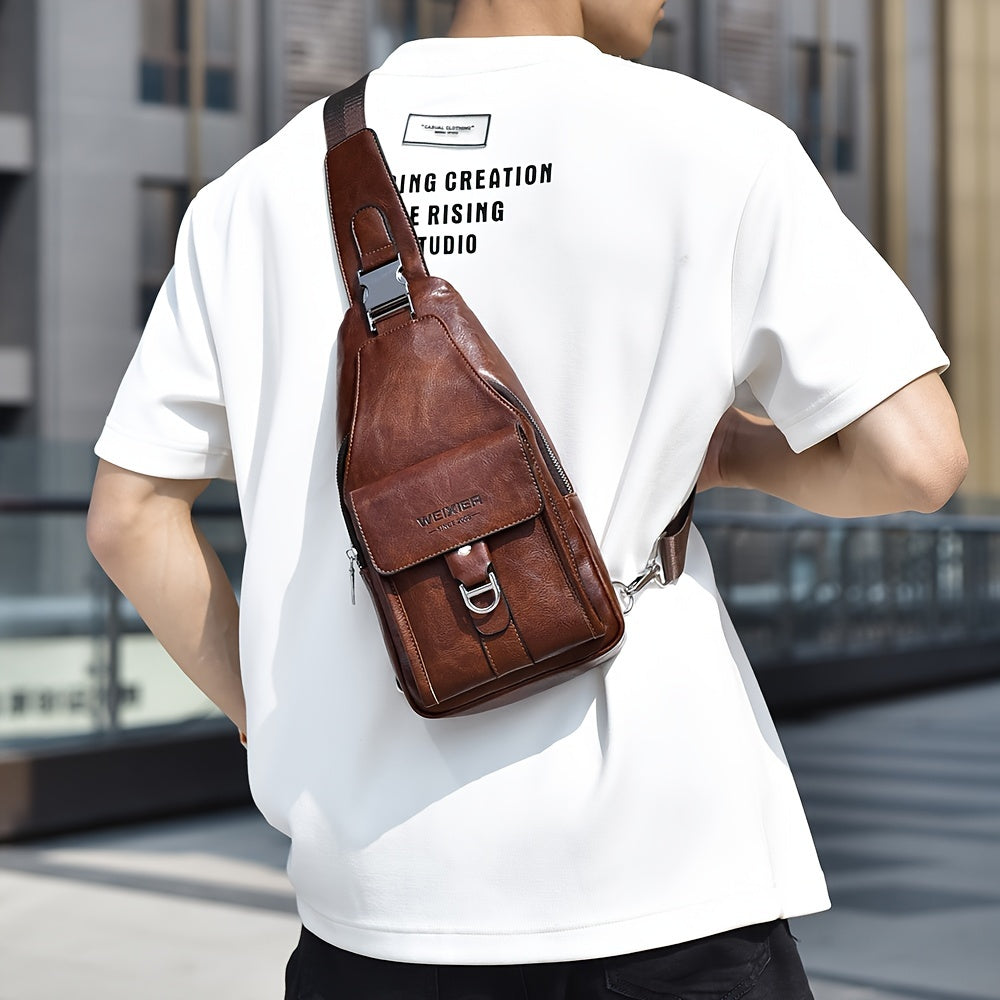 Retro Casual Men’s Chest Bag – Large Capacity Multi-Layer Crossbody Sling Bag in Light Brown Dark Brown Black White Grey & Blue
