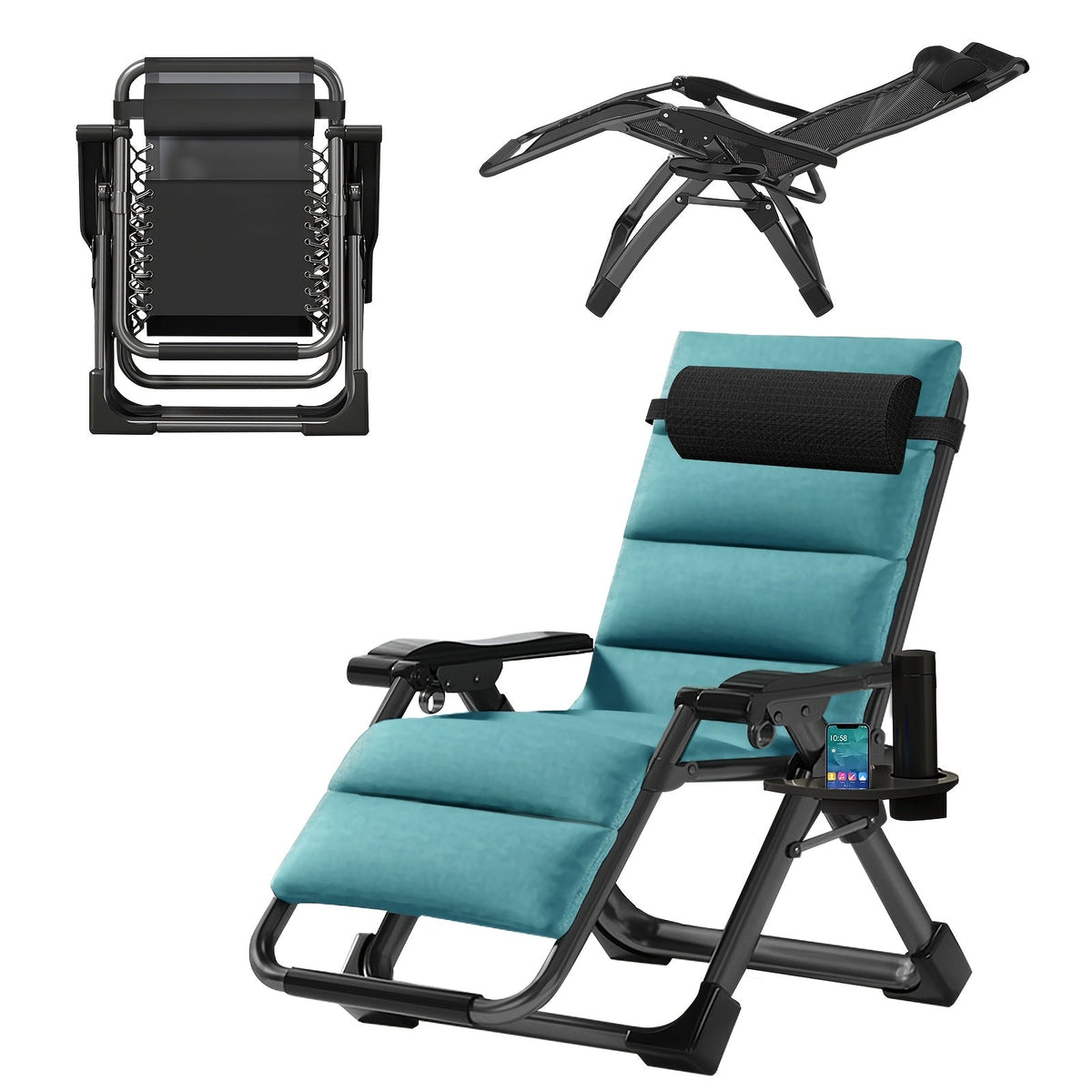 Portable Folding Chaise Lounge Chair, 440 Lbs Capacity – Outdoor Lawn Recliner with Removable Cushion, Headrest & Cup Holder, Heavy Duty Patio Reclining Chair for Pool, Garden & Beach, 6 Colors – Nova Mart