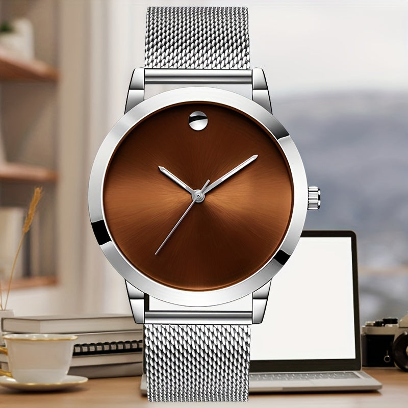 Men's Minimalist Stainless Steel Band Quartz Watch, Slim Round Dial, Casual Fashion Everyday Wear, Gift for Him, Silver Brown