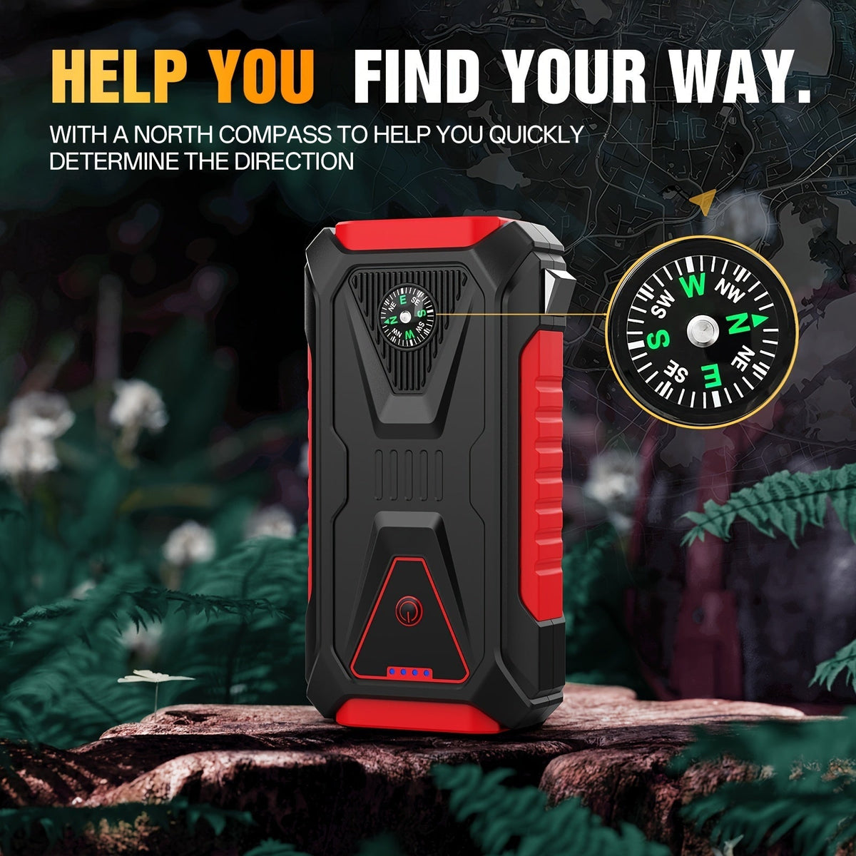 5000A Peak Jump Starter, 12V Portable Car Battery Starter for Gas & Diesel Engines – LED Flashlight, SOS Light, Safety Hammer, Compass & USB Power Bank, 74Wh Lithium Battery
