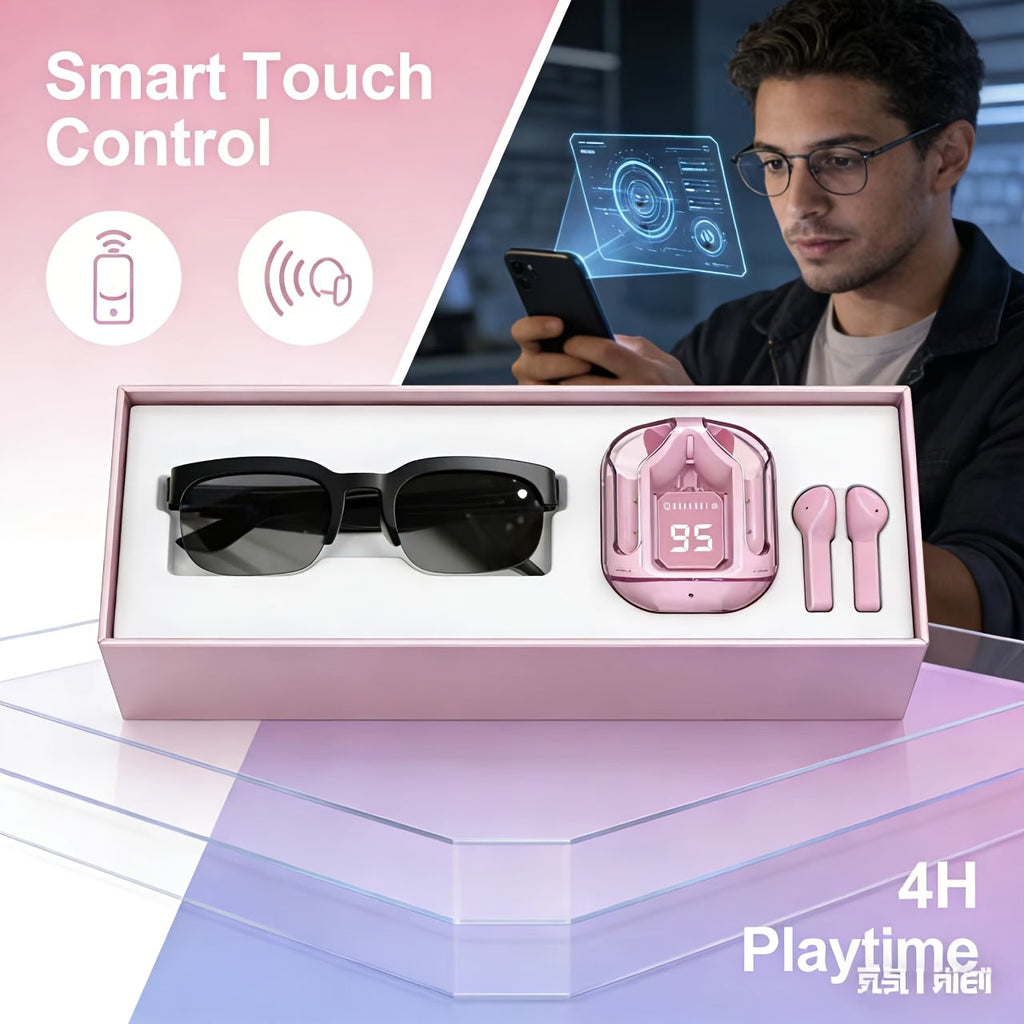 AI Translation Smart Glasses with Wireless Headphones, Real-Time Multi-Language Translator, Built-in Microphone, Music Audio Glasses, Rechargeable Sports Wearable Tech for Travel and Business