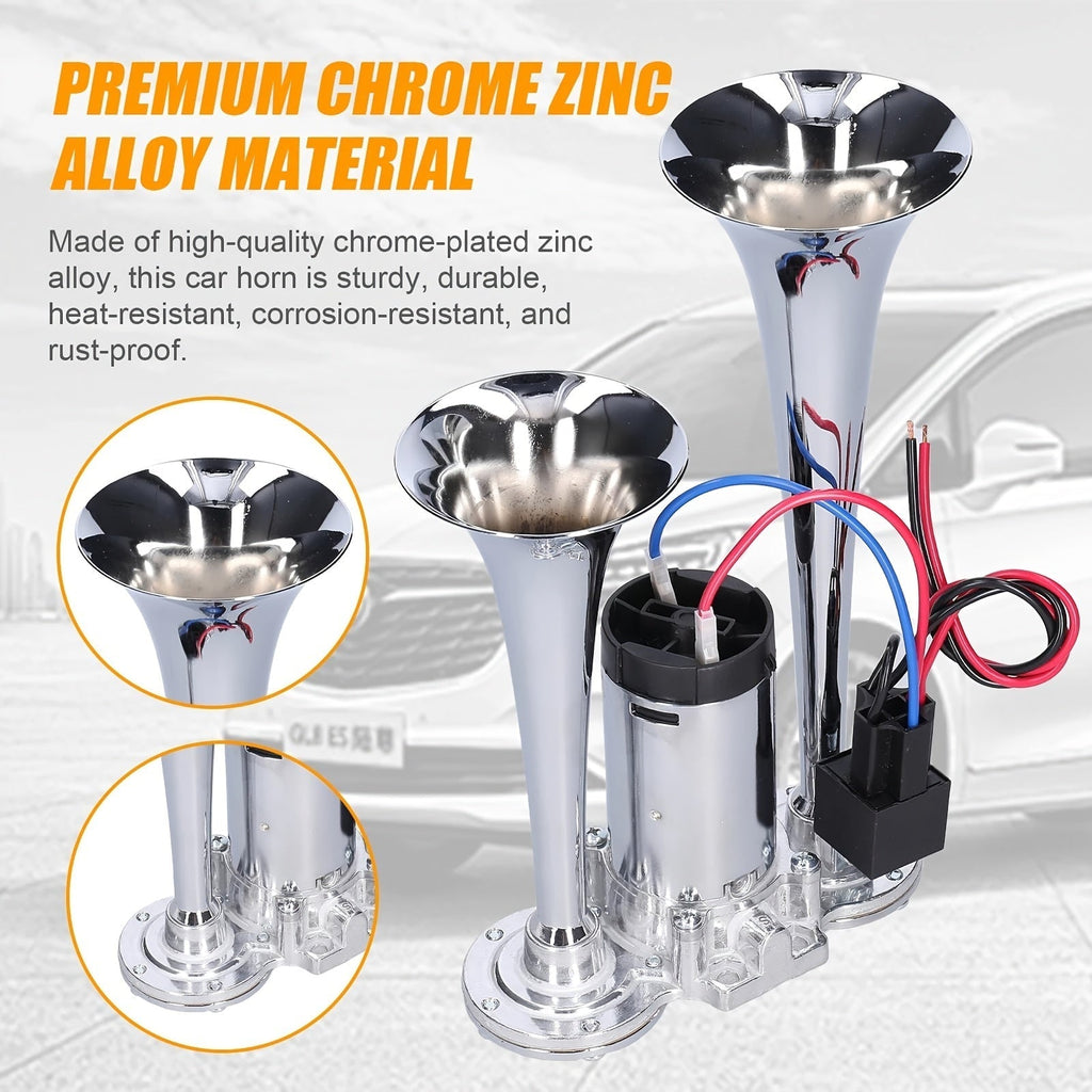130dB Super Loud Dual-Tone Air Horn 12V/24V – Aluminum Alloy with Compressor, Quick Install for Trucks, SUVs, Motorcycles, Boats & Off-Road Vehicles