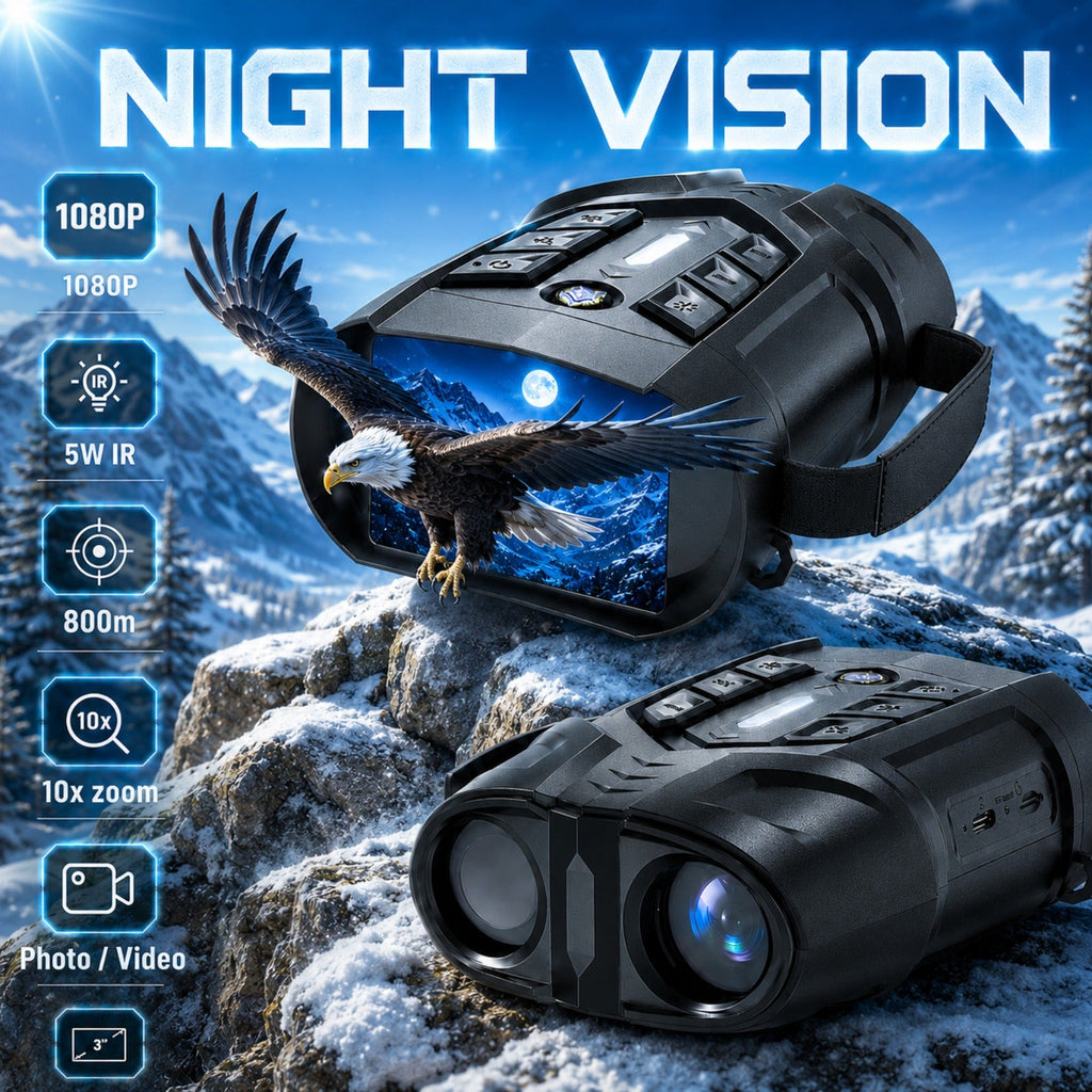 Night Vision Binoculars with 3" IPS Screen - 5W IR, 1080P HD Video, 10X Zoom, 800m Night Range, 7-Level Adjustable Infrared for Hunting Camping Security Surveillance Wildlife - Black