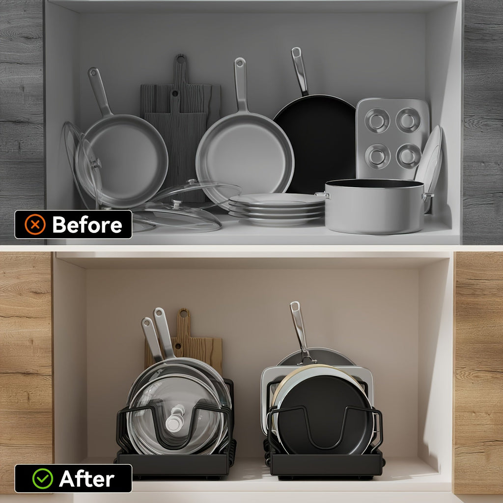 Pull-Out Pot & Pan Organizer Rack for Under Cabinet – Slide-Out Lid Holder with 8 Adjustable Compartments, Drill-Free Installation, Kitchen Cabinet Cookware & Baking Sheet Organizer – 1pc or 2pcs