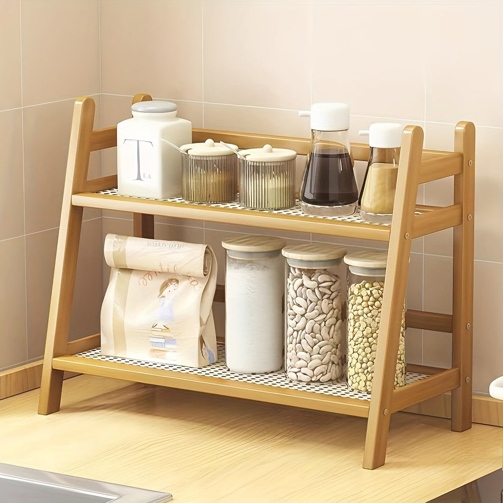 2-Tier Wooden Countertop Shelf Organizer, Vintage Trapezoidal Design, Bamboo Desktop Storage Rack for Kitchen, Office, and Bedroom, Space-Saving Counter Shelf for Coffee Cups, Books, and Decor – 1 or 2 Pack, Large & Medium