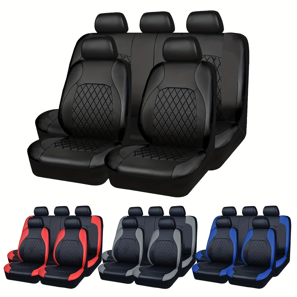 PU Leather Car Seat Covers, Universal Fit, Waterproof, Quilted, All-Season, with Sponge Padding, for Cars, SUVs, Trucks, Gray/Black/Red/Blue, Single or 12-Piece Set