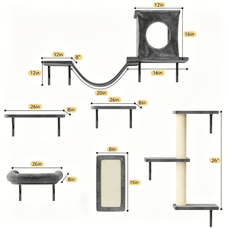 7-Piece Wall-Mounted Cat Climbing Shelf Set – Deluxe Indoor Cat Furniture with Cat Condo, Wall Shelves, Scratching Post, Bridge Ladder & Tunnel, Space-Saving Cat Wall Playground for All Cat Sizes