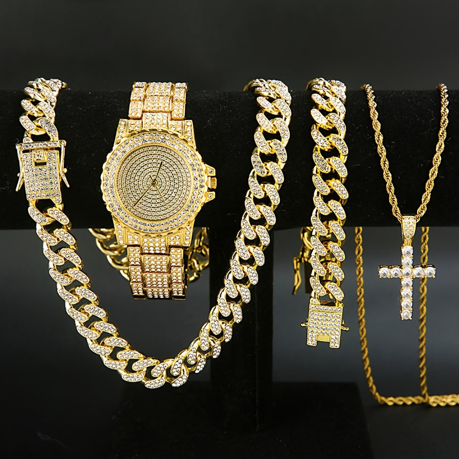 4-Piece Men's Punk Jewelry Set: Quartz Watch, Cuban Chain Necklace, Bracelet, and Rhinestone Cross Necklace – Hip Hop Style Gift for Men