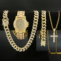 4-Piece Men's Punk Jewelry Set: Quartz Watch, Cuban Chain Necklace, Bracelet, and Rhinestone Cross Necklace – Hip Hop Style Gift for Men