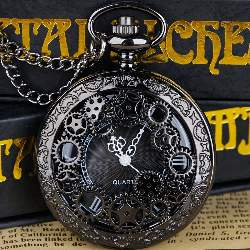 Steampunk Quartz Pocket Watch Necklace for Women and Men – Vintage Hollow Gear Analog Pendant Chain Watch Sweater Necklace Unisex Retro Jewelry Christmas Gift