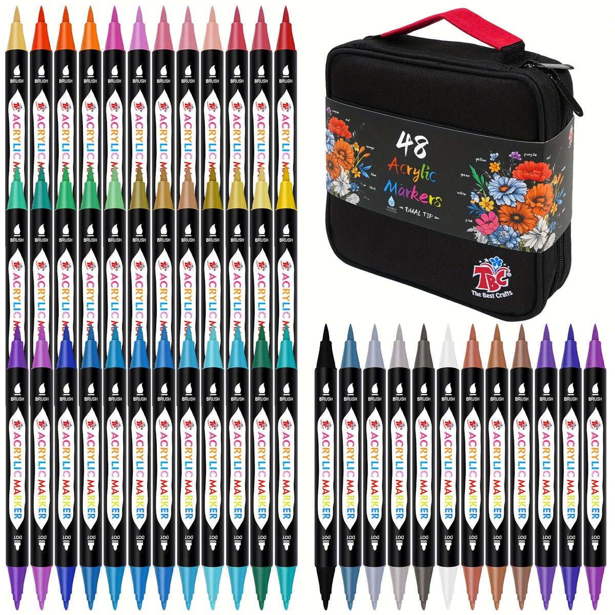 TBC Dual Tip Acrylic Paint Markers, 48/72/108 Colors with Canvas Bag, Non-Toxic and Odorless Professional Acrylic Paint Pens for Canvas, Paper, Wood, Glass, Stone, Pottery, Fabric, and DIY Art