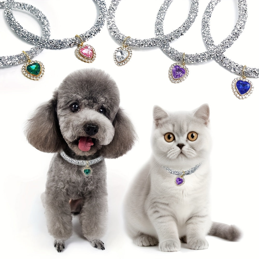 带水钻心形吊坠的猫项圈 - 适合猫咪和小型犬的可爱闪亮宠物项圈，可调节防脱安全扣，时尚宠物饰品