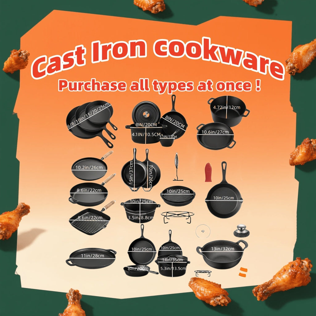 Cast Iron Cookware 6-Piece Non-Stick Set: Skillet, Dutch Oven, and Grill Pan Kit for Induction, Gas, Campfire, BBQ, Outdoor Cooking, and Kitchen