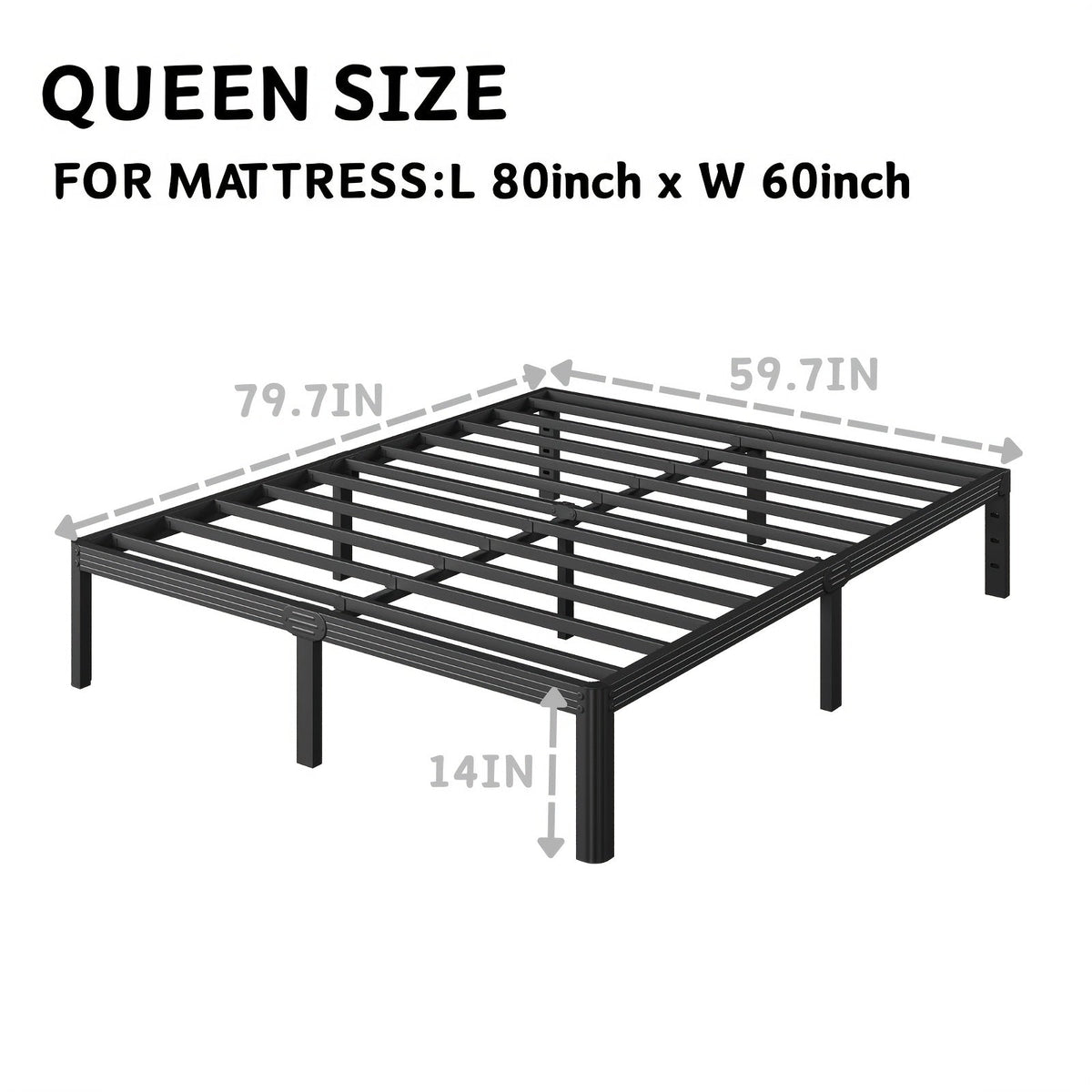 Metal Platform Bed Frame, 14" or 18" Height Options, Full/Queen/King Size, Under-Bed Storage, Sturdy Steel, Easy Assembly, No Box Spring Needed, Minimalist Design, Black