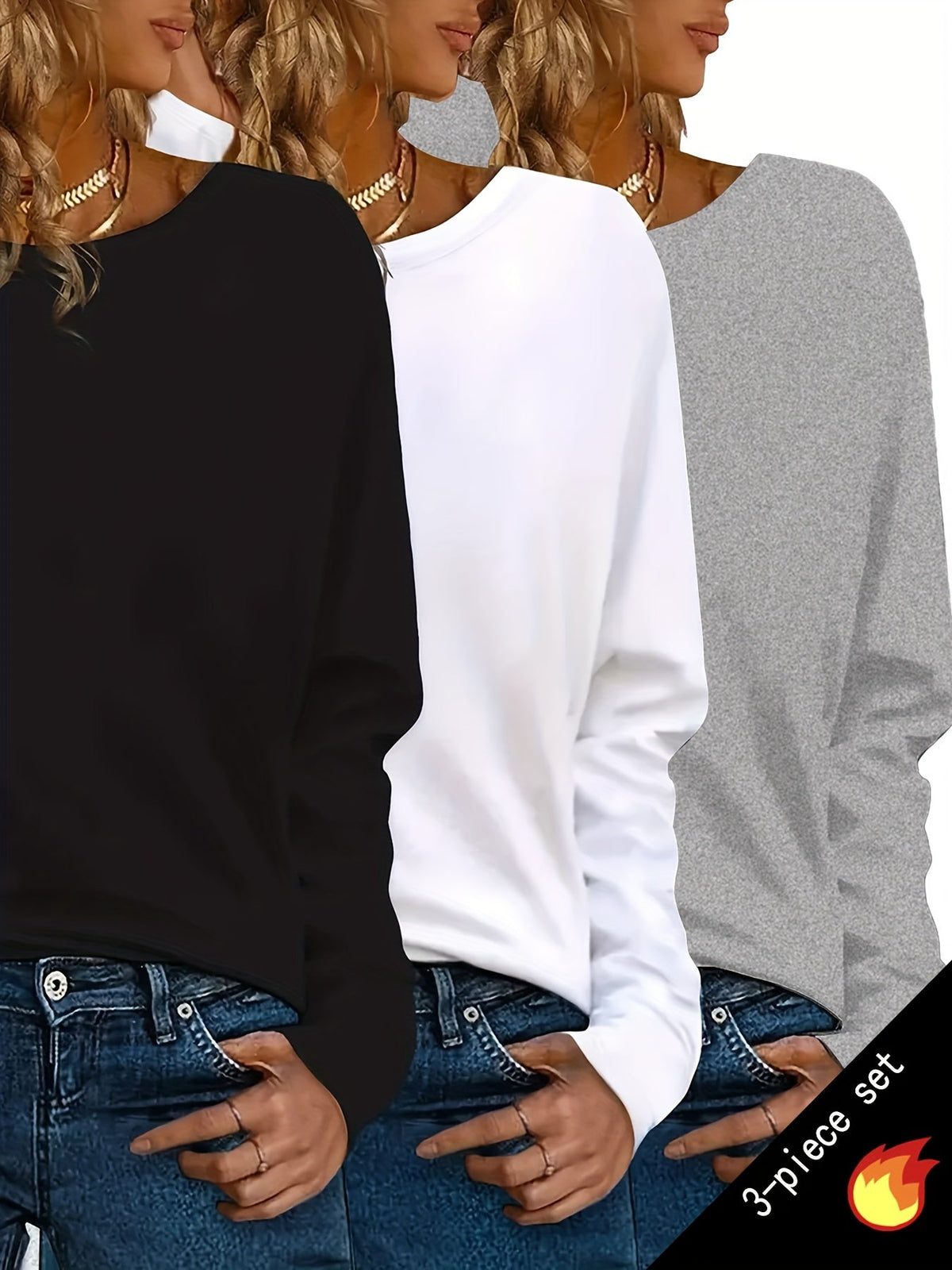 Y2K 3-Piece Women's Long Sleeve T-Shirt Set, Solid Color Casual Warm Tops, Regular Fit All-Season Streetwear Layering Outfit, S M L XL XXL