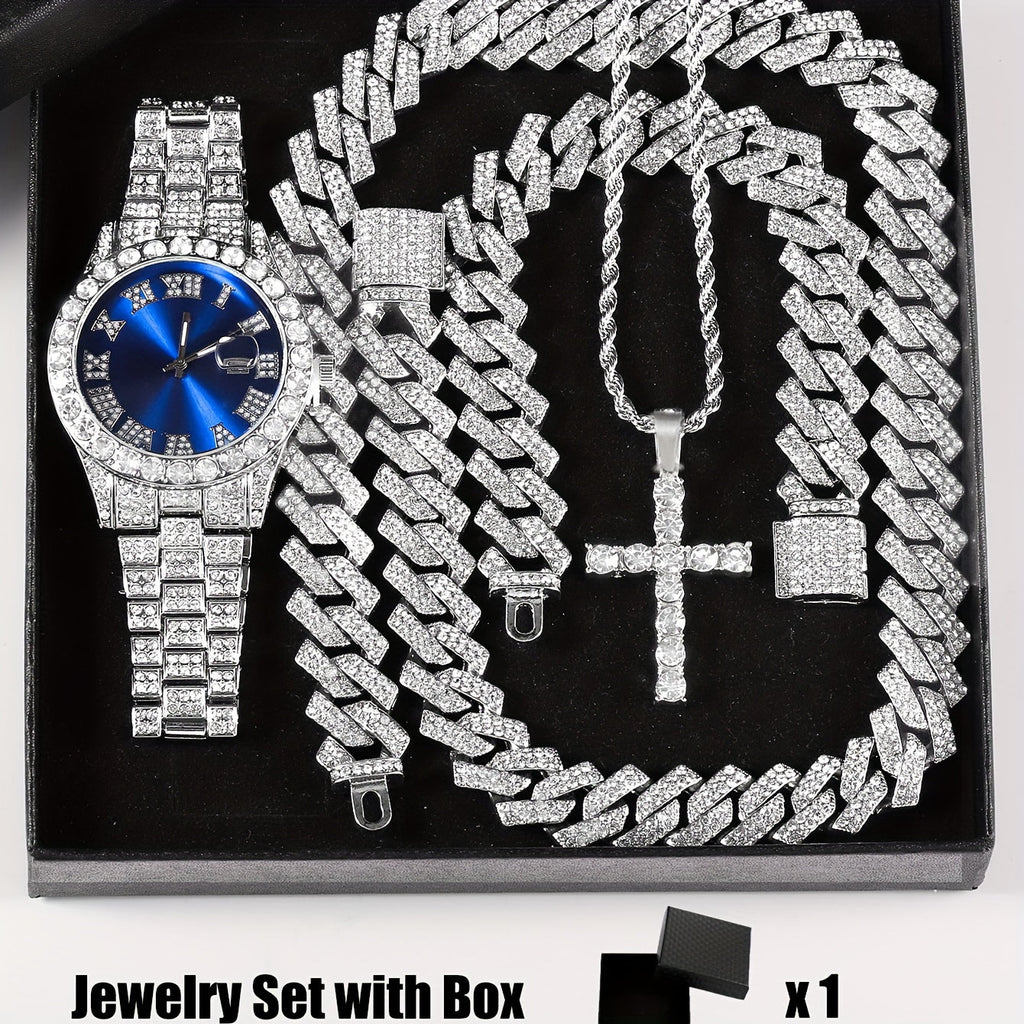 4-Piece Rhinestone Watch and Cross Pendant Jewelry Set, Quartz Analog Wristwatch, Necklace, Bracelet, and Earrings, Unisex Gift for Him or Her, Wedding