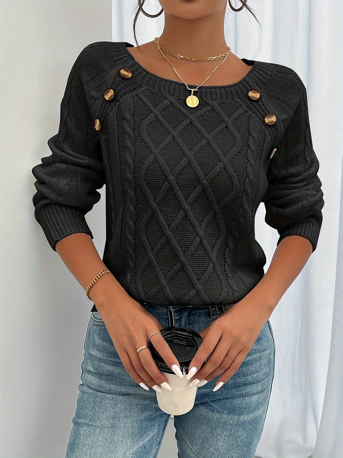 Women's Round Neck Lantern Sleeve Textured Button Knit Pullover Sweater for Fall and Winter, Available in Sizes S-XXL and Multiple Colors