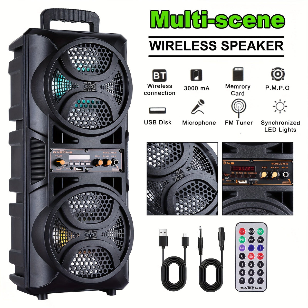 3000W Portable Bluetooth Party Speaker – Dual 6.5'' Subwoofer Stereo Sound, Colorful LED Lights, FM Radio, Microphone Included, TF/USB/AUX Support, Outdoor & Home Party Speaker – Black
