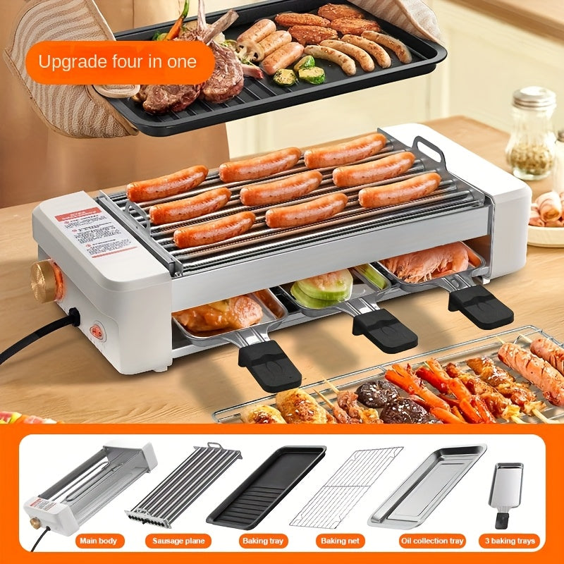 4-in-1 Electric Sausage Grill – Non-Stick Countertop with Adjustable Temperature Detachable Panel Silicone Oil Brush & Three-Tray Dish Easy to Clean for Kitchen & Dormitory Use in White