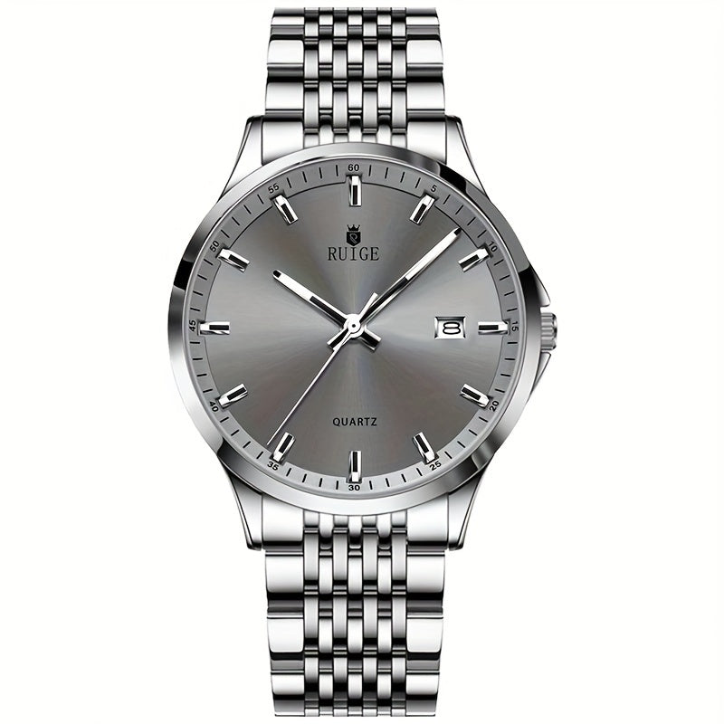 RUIGE Men's Luxury Quartz Watch Stainless Steel with Calendar, Luminous, and Rhinestone Accents - Sports Business Dress Watch for Men, Gift for Him