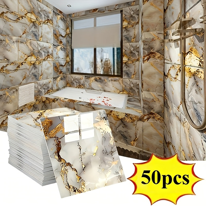 50-Piece Self-Adhesive Vinyl Wall Tiles - Marble Peel & Stick Waterproof PVC Panels, Removable - TV Backdrop, Bathroom, Kitchen & Living Room - Black Gold, White Gold & Gray Gold