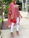 Women's Casual Striped Print Shirt, Front Short Back Long Hem, Long Sleeve Lapel Blouse, 100% Polyester, S M L XL XXL, Red Black White