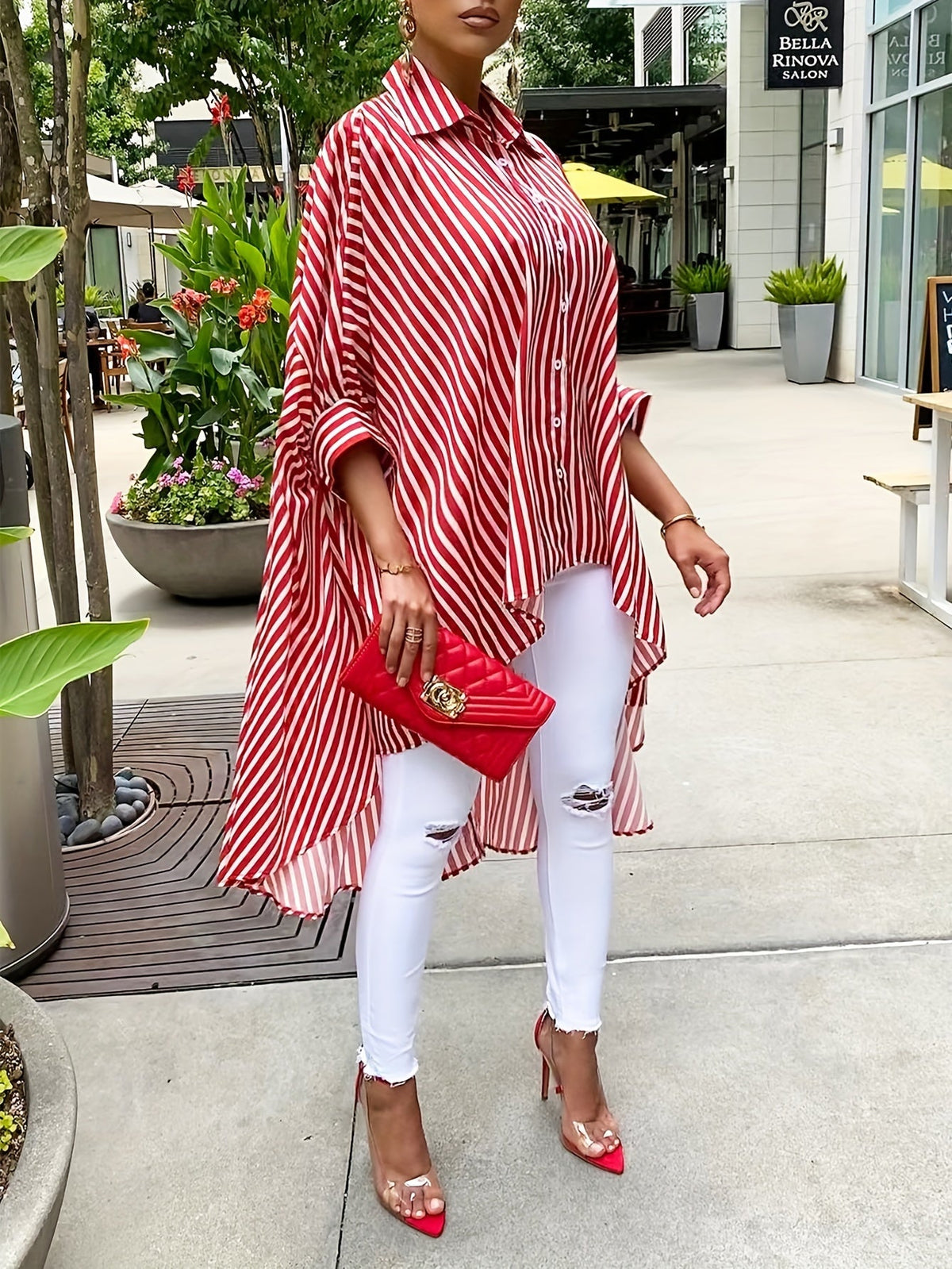 Women's Casual Striped Print Shirt, Front Short Back Long Hem, Long Sleeve Lapel Blouse, 100% Polyester, S M L XL XXL, Red Black White