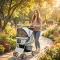 Foldable Pet Stroller for Dogs & Cats up to 22 lbs, 4-Wheel with Brake, Panoramic Mesh Windows, Reflective Strips, Removable Washable Cushion, Cup Holder & Storage Basket, Grey