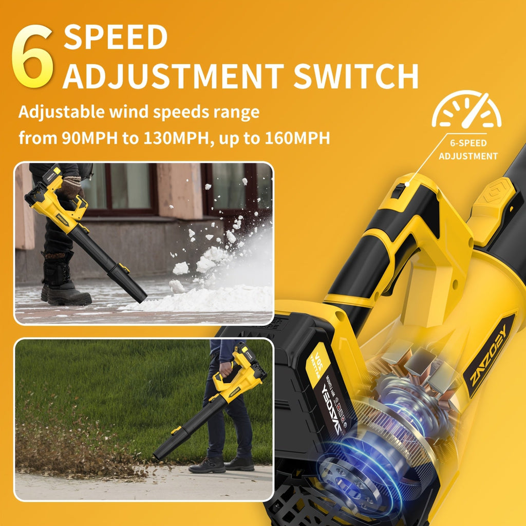 High Power Cordless Leaf Blower - 580CFM / 160MPH, 6-Speed, 4.0Ah Battery & Fast Charger - Extension Nozzle & Ergonomic Handle - Lawn, Yard, Snow & Pet Hair - Yellow