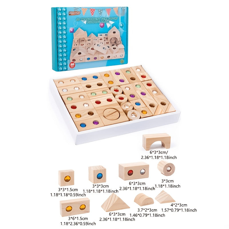 Wooden Sensory Building Blocks with Colorful Rhinestones, 32pc/50pc Educational Stacking Toys for Toddlers 18M+, Fine Motor Skills & Imaginative Play, Birthday & Christmas Gift