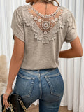 Women's V-Neck Petal Sleeve T-Shirt | Lace Contrast Short Sleeve Summer Top in Khaki, Black, Green, Navy, Camel, Light Grey, S, M, L, XL