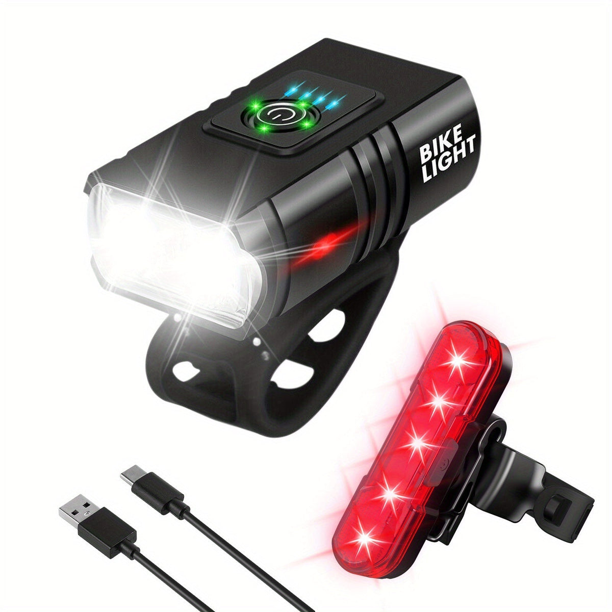 LED Bike Light Set USB-C Rechargeable 1500 Lumens – Front & Rear Bicycle Lights, 6+4 Modes, Waterproof, Power Display, Fast Charging, Safe Night Cycling Lights for Road and Mountain Bikes