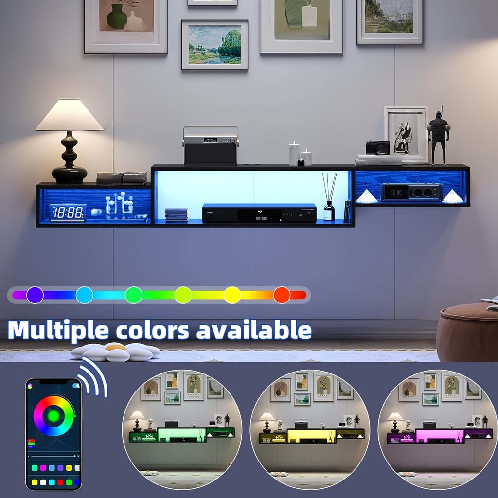 59-Inch Floating TV Stand with LED Lighting & Power Outlet – Wall Mount Entertainment Center with Corner Bracket, Multi-Color LED Strip for Living Room & Bedroom, Black or Rustic Brown – Nova Mart