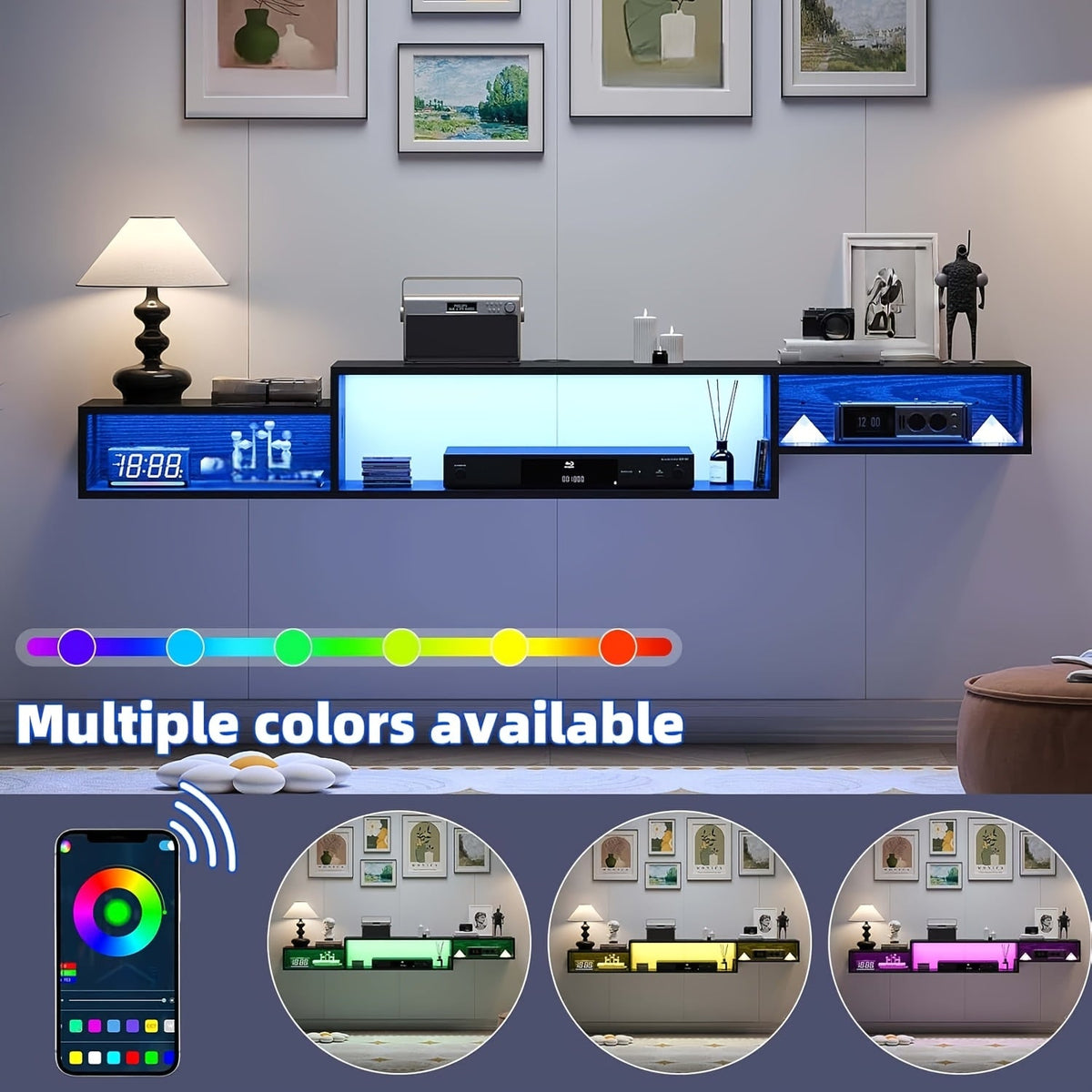 59-Inch Floating TV Stand with LED Lighting & Power Outlet – Wall Mount Entertainment Center with Corner Bracket, Multi-Color LED Strip for Living Room & Bedroom, Black or Rustic Brown – Nova Mart